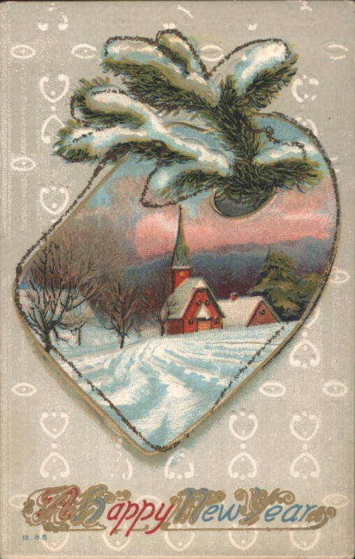 Snowy Winter Church Scene with Pine Bough Frame, A Happy New Year
