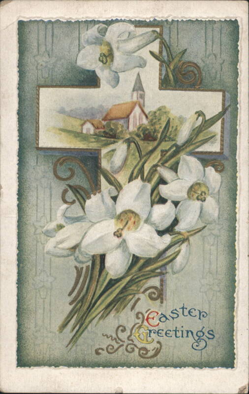 Easter Greetings with White Flowers, Cross, and Village Church Scene