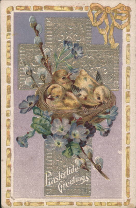 Eastertide Greetings with Chicks in Nest, Pussy Willows & Blue Flowers