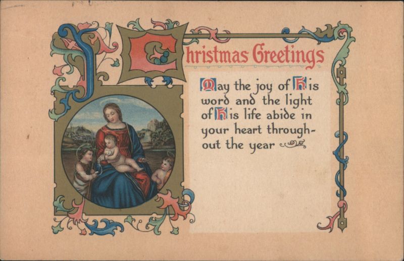 Christmas Greetings with Madonna and Child, Art Nouveau Border