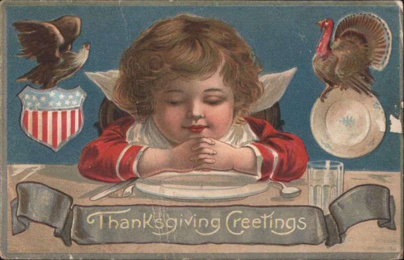 Child with Turkey and Patriotic Shield, Thanksgiving Greetings