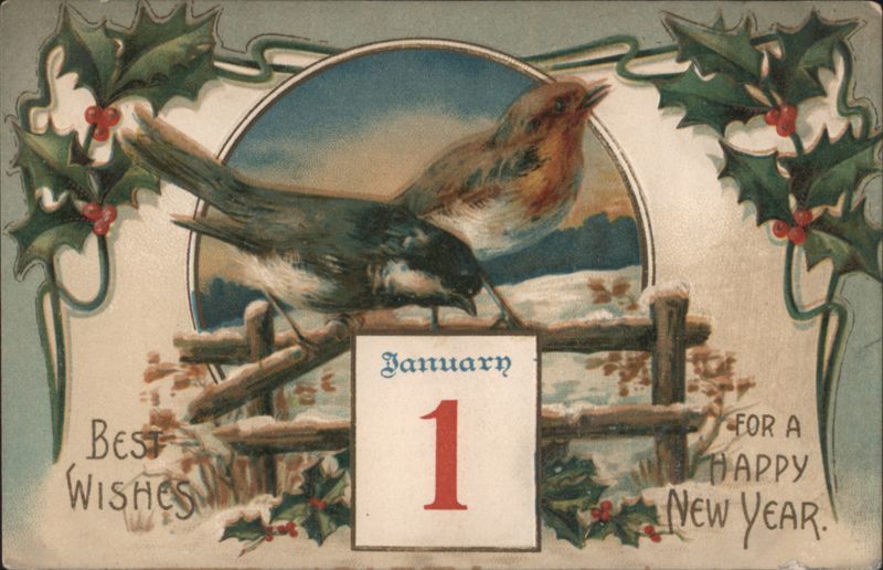 New Year's Greeting with Birds, Holly, and January 1 Calendar