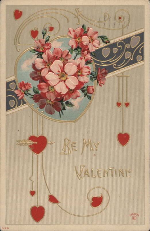 Be My Valentine Greeting with Heart-Shaped Flowers and Gold Accents, 1911