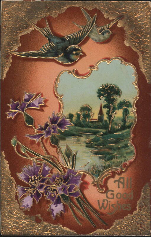 Swallows, Purple Flowers & Scenic Landscape with All Good Wishes