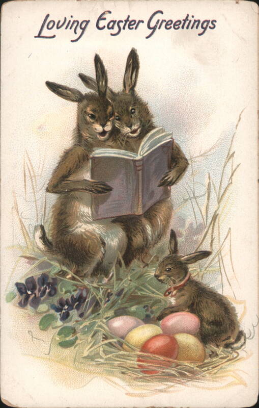 Loving Easter Greetings, Rabbits Reading Book with Easter Eggs