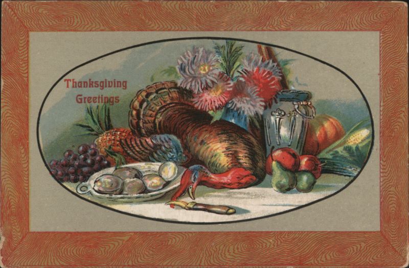 Thanksgiving Greetings Still Life with Roasted Turkey, Fruits, and Flowers