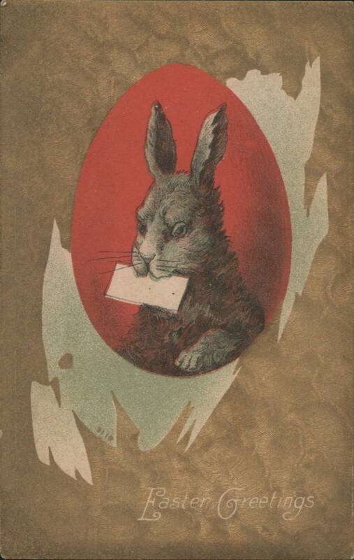Easter Bunny Rabbit Holding Letter on Red Egg, Easter Greetings