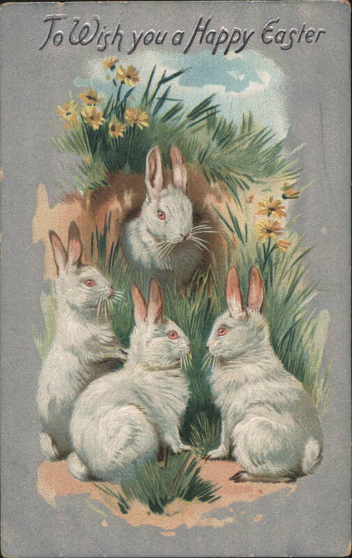 Easter Greeting with Four White Bunnies and Yellow Flowers