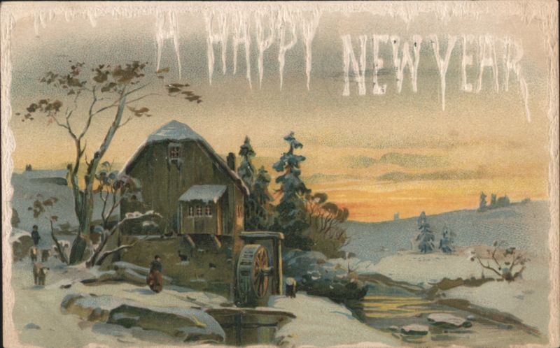 A Happy New Year Winter Mill Scene with Icicle Text at Sunset