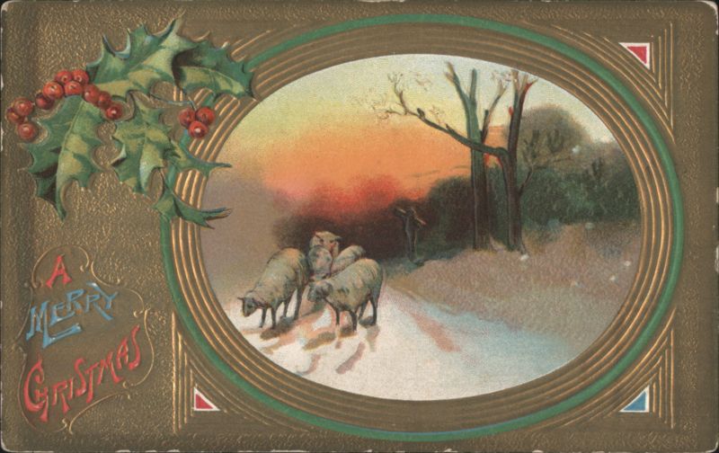 Merry Christmas Pastoral Scene with Sheep and Holly