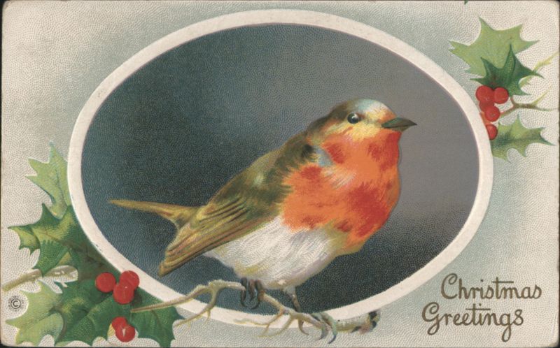 Christmas Greetings Robin Bird with Holly and Berries
