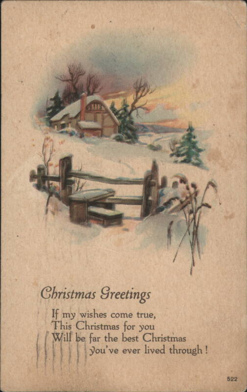 Christmas Greetings Snow-Covered Cottage Winter Landscape Poem