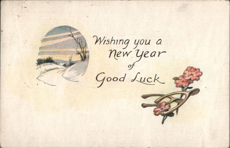 New Year Good Luck Greeting with Winter Scene and Wishbones