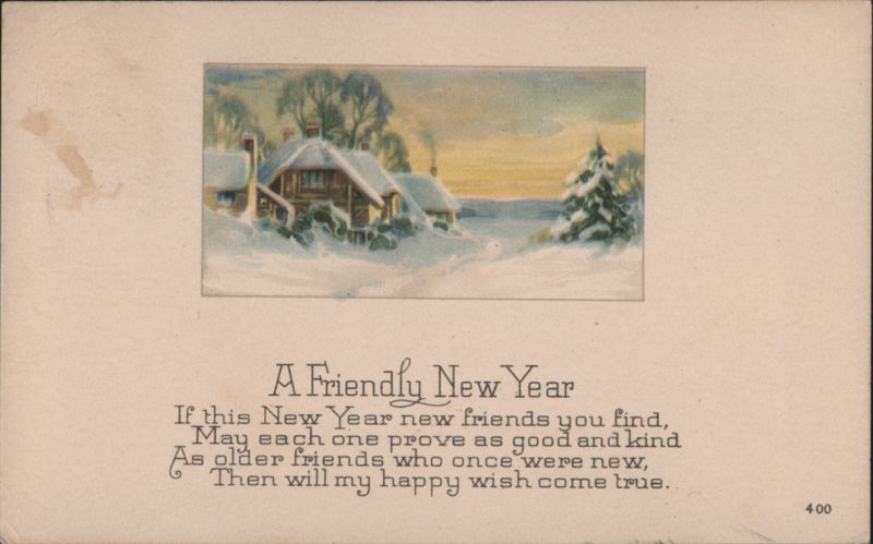 A Friendly New Year Snowy Village Scene Poem 1923 New Year's