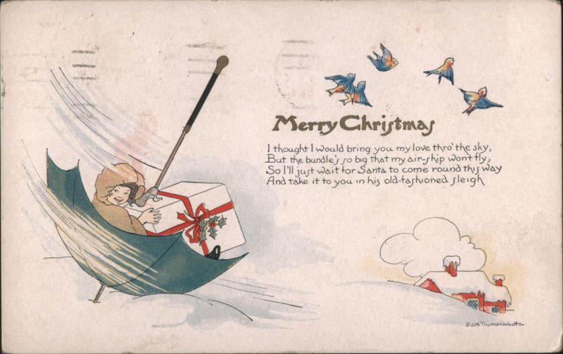 Girl in Umbrella Sleigh with Gift, Merry Christmas Poem by Edith Truman Watts