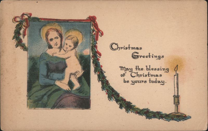 Christmas Greetings with Madonna and Child, Holly Garland, and Candle