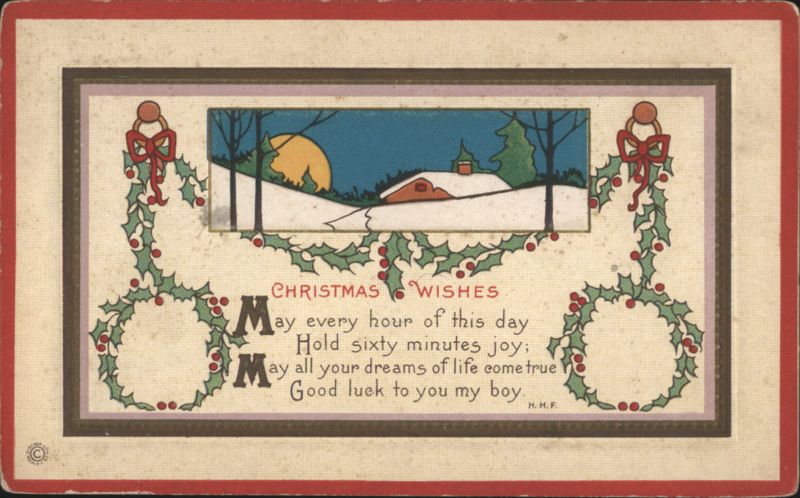 Christmas Wishes Winter Scene with Holly Wreaths and Poem