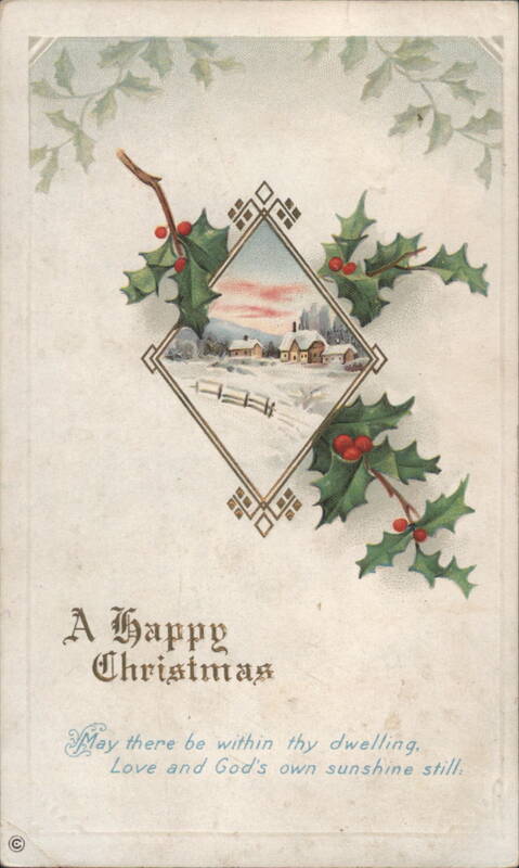 A Happy Christmas Holly & Snowy Village Scene
