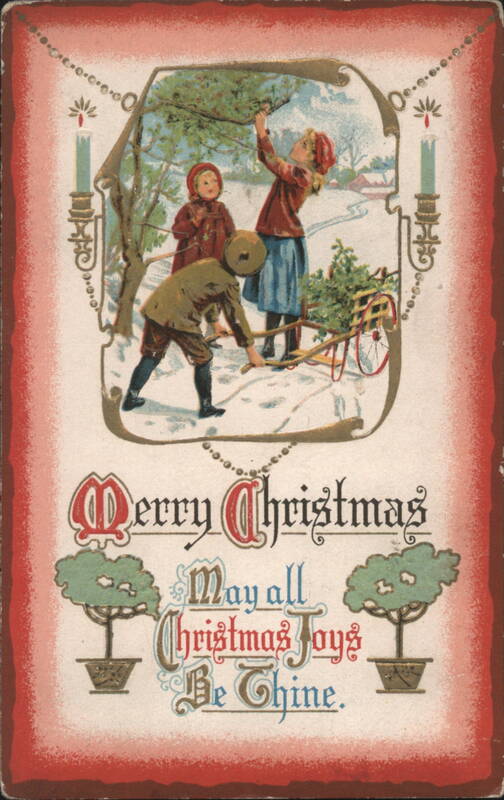 Merry Christmas Children Gathering Tree in Snow with Festive Greeting