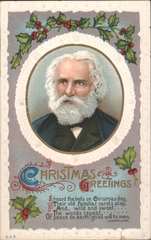 Longfellow Christmas Greetings Portrait with Holly & Poem Quote