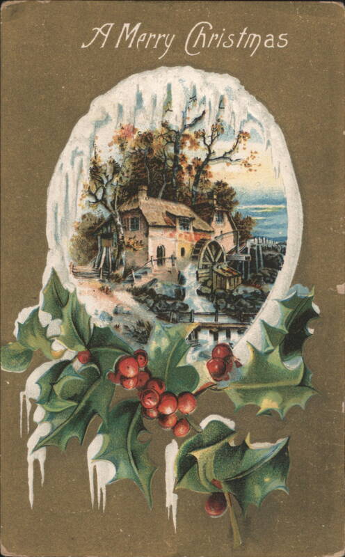 A Merry Christmas Snowy Watermill Scene with Holly