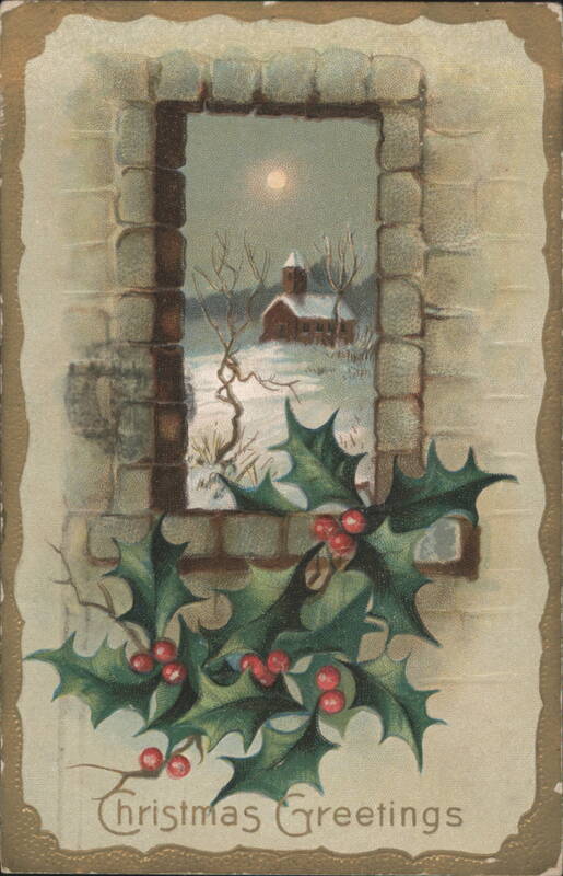 Christmas Greetings with Holly and Snowy Moonlight Scene