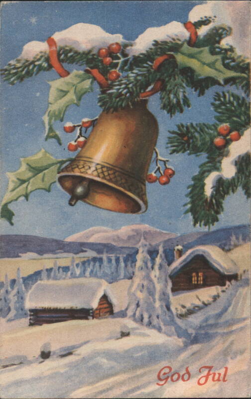Christmas Bell, Holly, Pine Branches & Snowy Village, God Jul