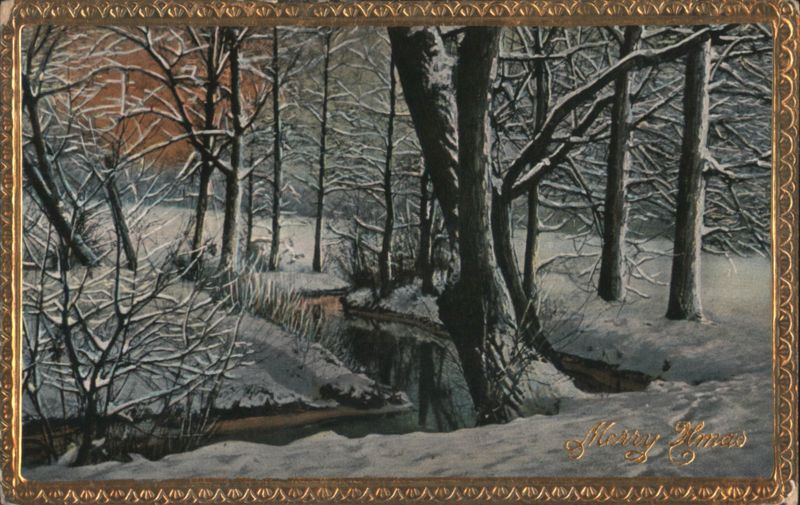 Winter Woods Stream, Snow Covered Trees, Merry Xmas Greeting