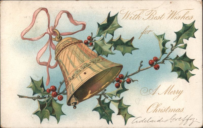 Christmas Golden Bell with Holly and Pink Ribbon Greeting, A Merry Christmas