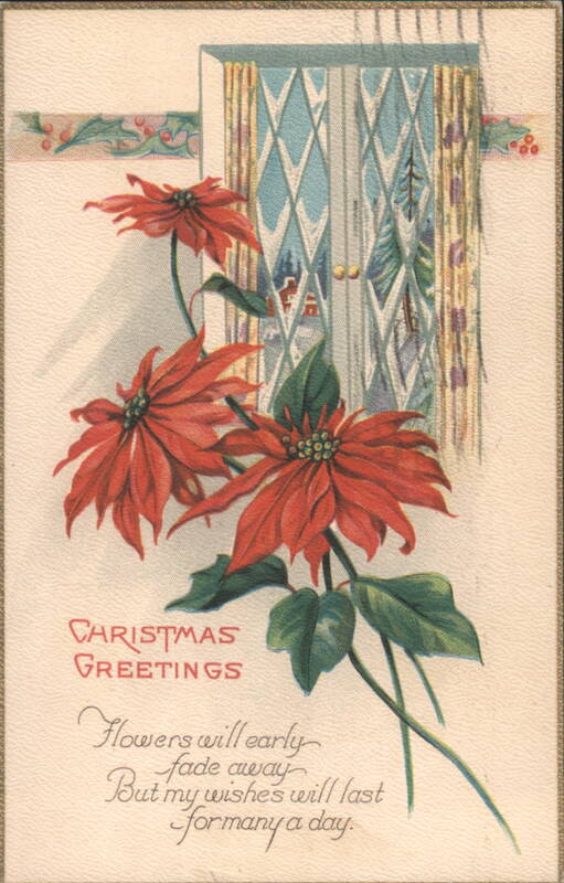 Christmas Greetings Poinsettias by Window with Poem