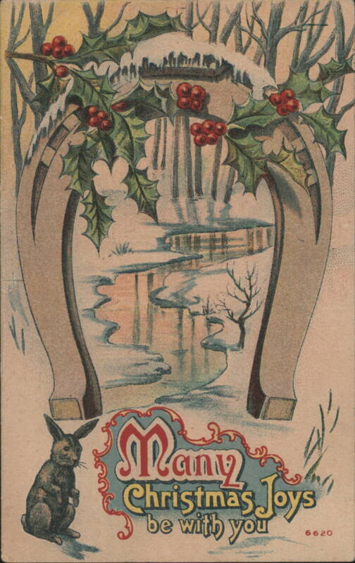 Christmas Horseshoe with Holly, Winter Scene, and Rabbit