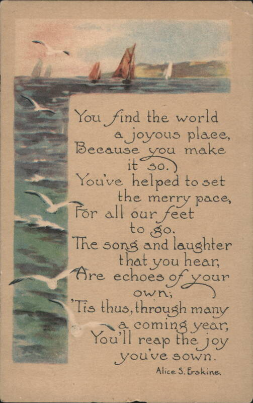 Alice S. Erskine Poem 'You find the world a joyous place' with Coastal Seagull Scene