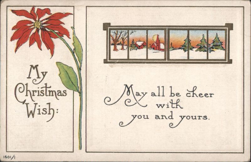Christmas Wish Poinsettia & Snowy Window Scene Greeting Card