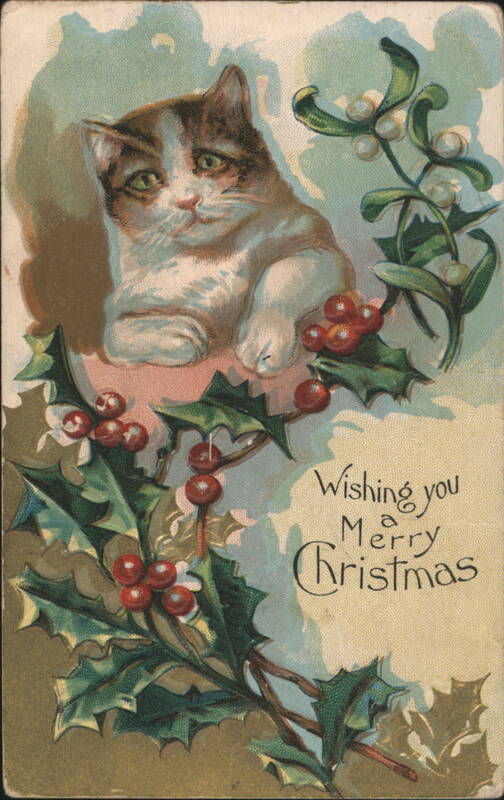 Christmas Greeting with Tabby Cat, Holly, and Mistletoe