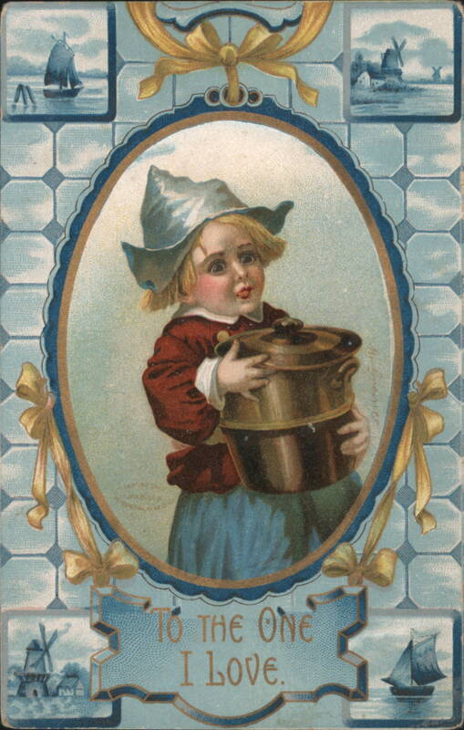 Dutch Child in Traditional Attire with Copper Pot, Windmills, Sailboats