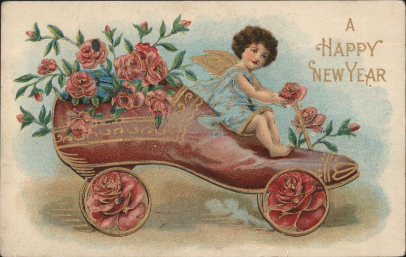 Cherub in Rose-Filled Shoe Carriage, A Happy New Year Greeting