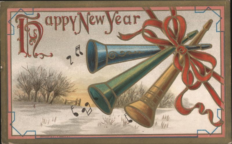 Happy New Year Horns with Musical Notes in Snowy Landscape