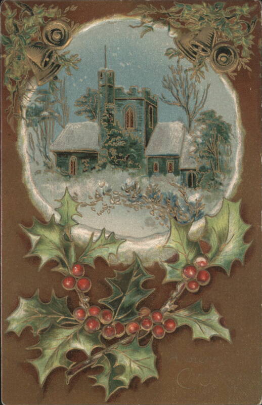 Christmas Winter Scene with Snow-Covered Church, Holly & Bells