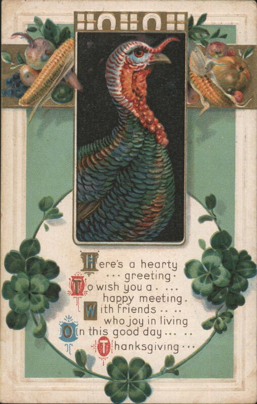 Thanksgiving Turkey with Hearty Greeting and Clover Border