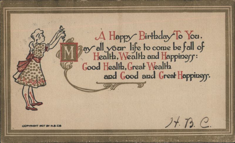 Happy Birthday Greeting with Girl and Butterfly, Health Wealth Happiness