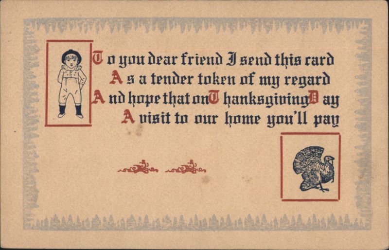 Thanksgiving Greeting with Child and Turkey Vignettes, Poem