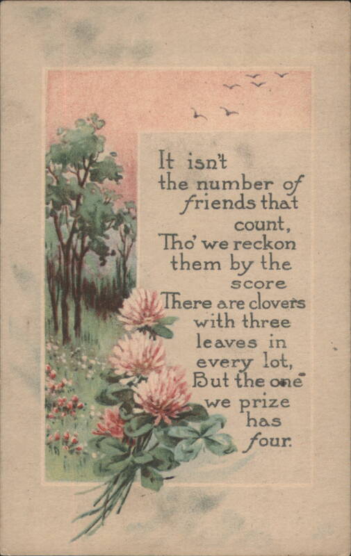 Four-Leaf Clover Poem with Pink Flowers and Birds