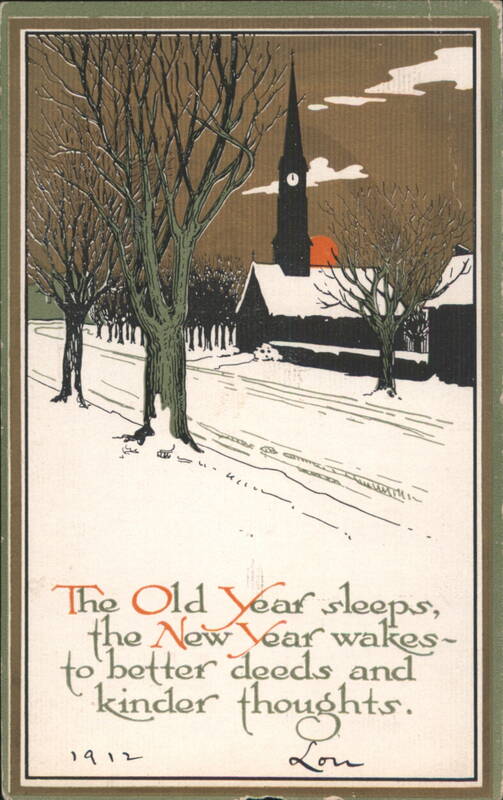 Arts & Crafts Style 1912 New Year's Greeting, Winter Church Scene, 'The Old Year sleeps