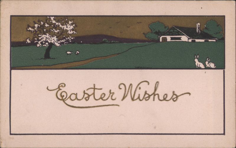 Easter Wishes with Bunnies, Countryside House, and Blossoming Tree
