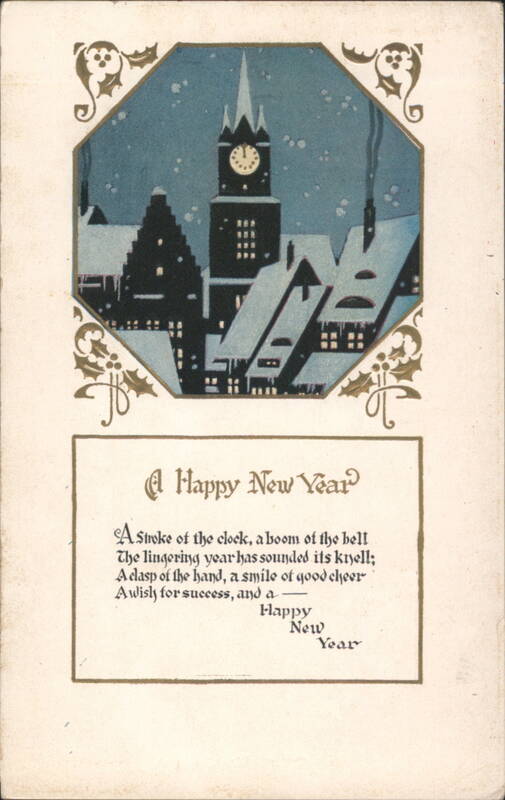 Happy New Year Winter City Scene with Clock Tower & Poem
