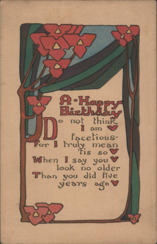 Art Nouveau Happy Birthday Greeting with Humorous Age Poem, Red Flowers