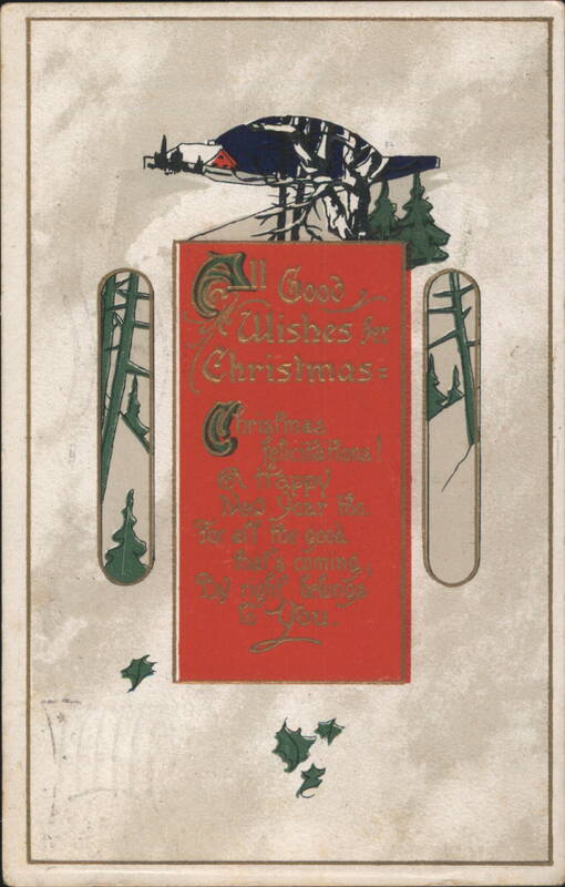 Christmas & New Year's Greetings with Winter Landscape & Holly, 1916
