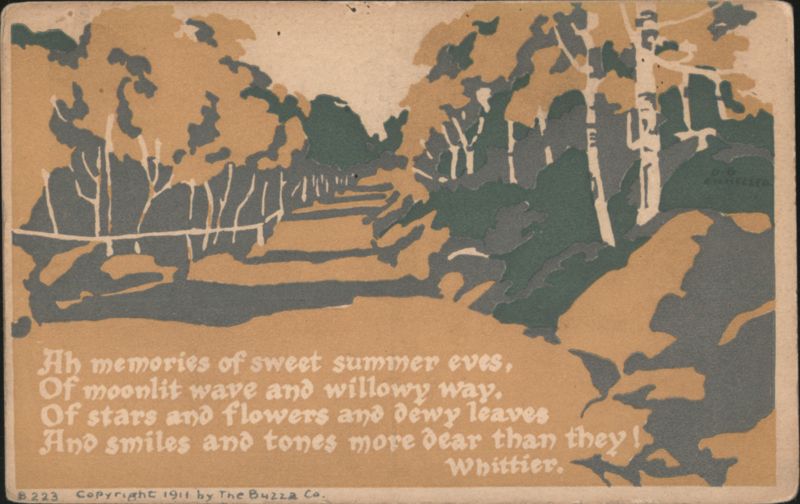 Arts & Crafts Style Path through a forest with Whittier poem, 'Ah memories of sweet summer eves