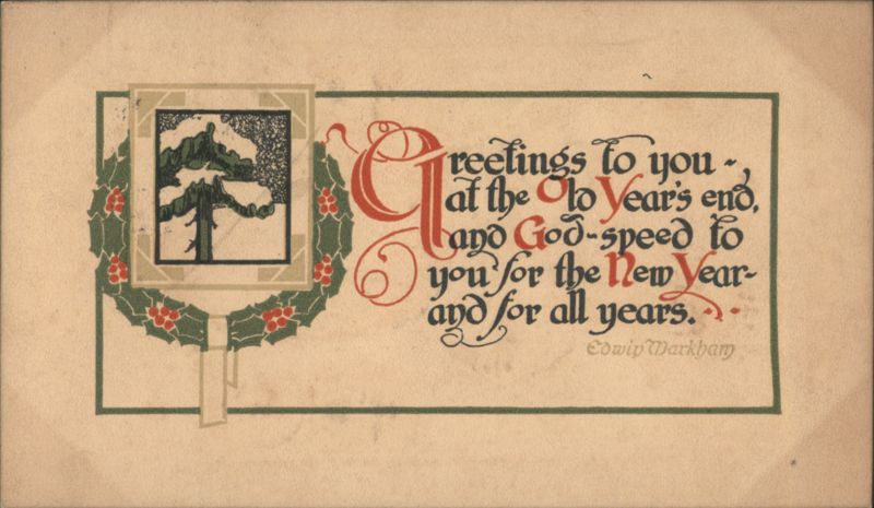 New Year's Greeting with Edwin Markham Poem, Evergreen Tree & Holly Wreath