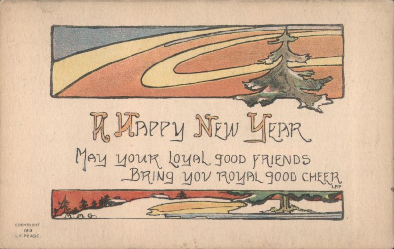 Happy New Year Greeting with Art Nouveau Landscape and Christmas Tree